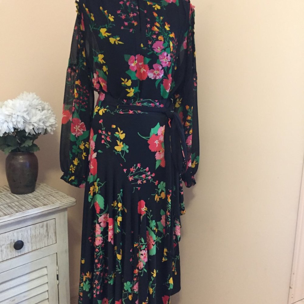 cabi Drama Skirt,  Size M, Black Background, Floral print from Spring 2020.
